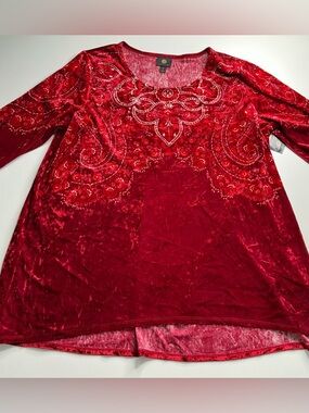 JM Collection Women’s Blouse Vivid Red Combo Velvet Long Sleeve 2X Top New
